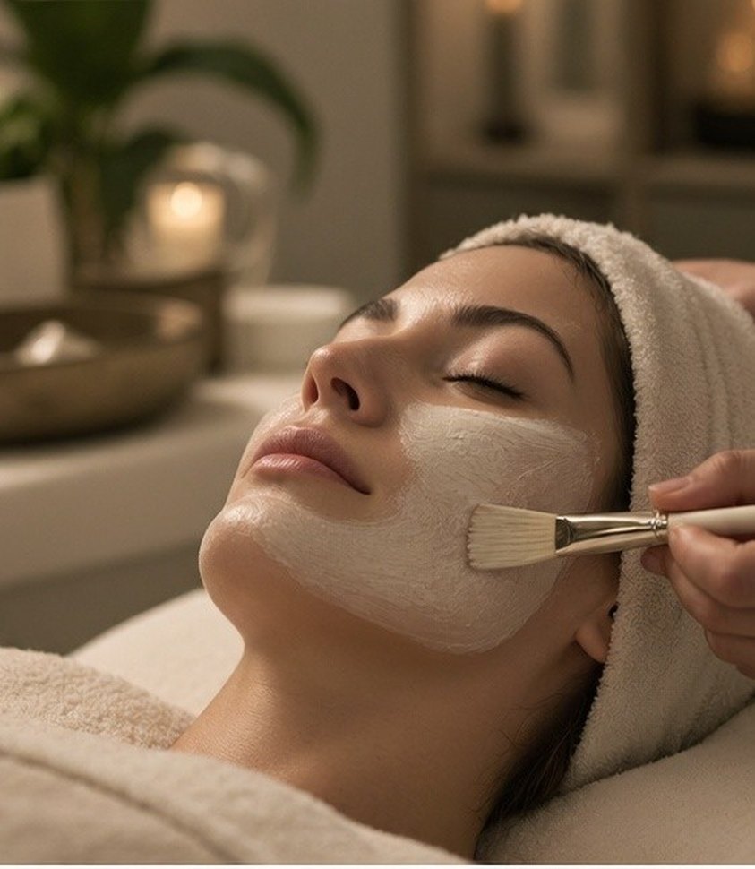 Mujer recibiendo un facial con mascarilla